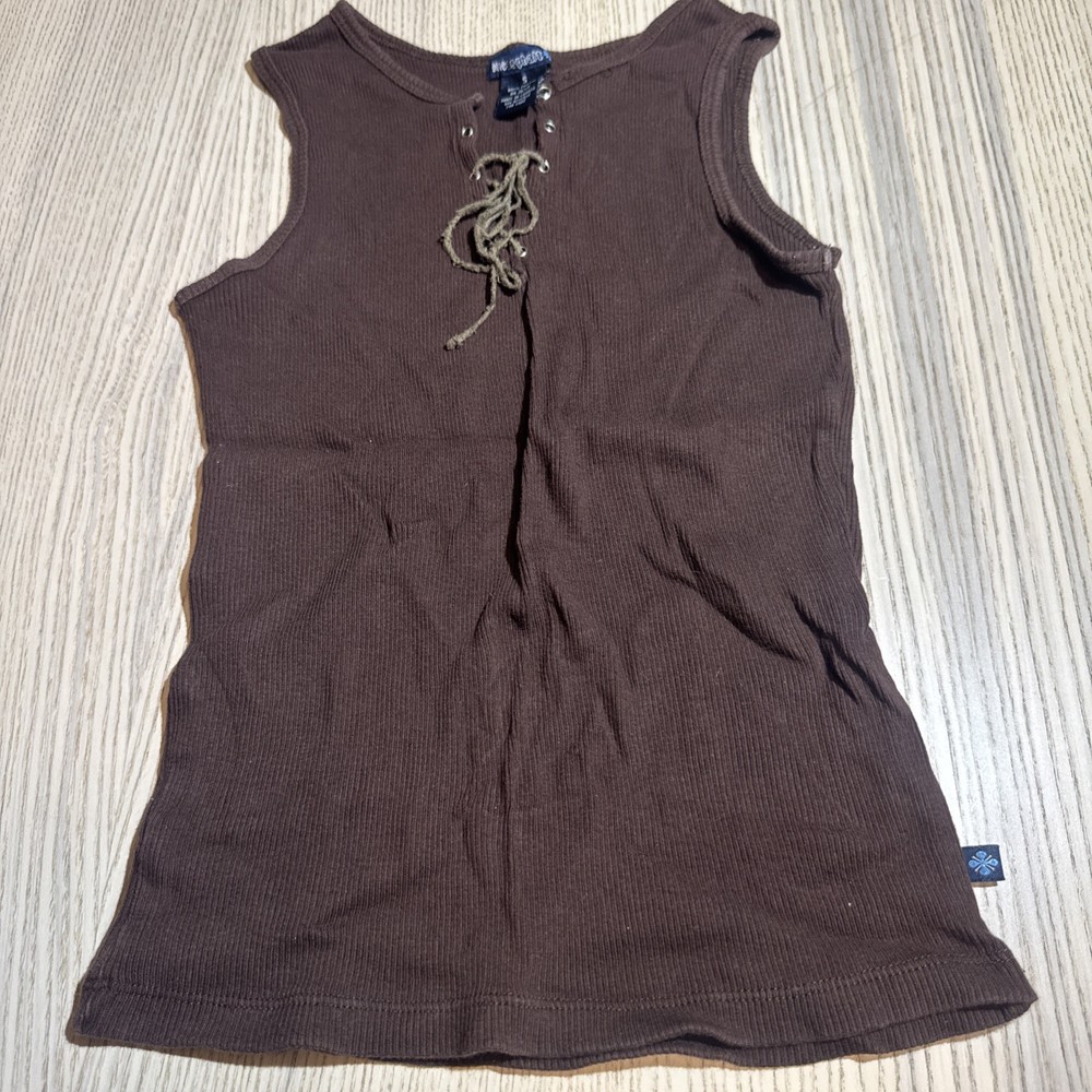Vintage Blue Asphalt Brown Ribbed Lace Up Tank Top Women's S Cotton Y2K Grunge