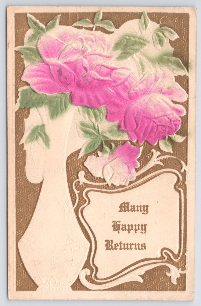 Greetings~Pink Flowers Many Happy Returns~Vintage Postcard