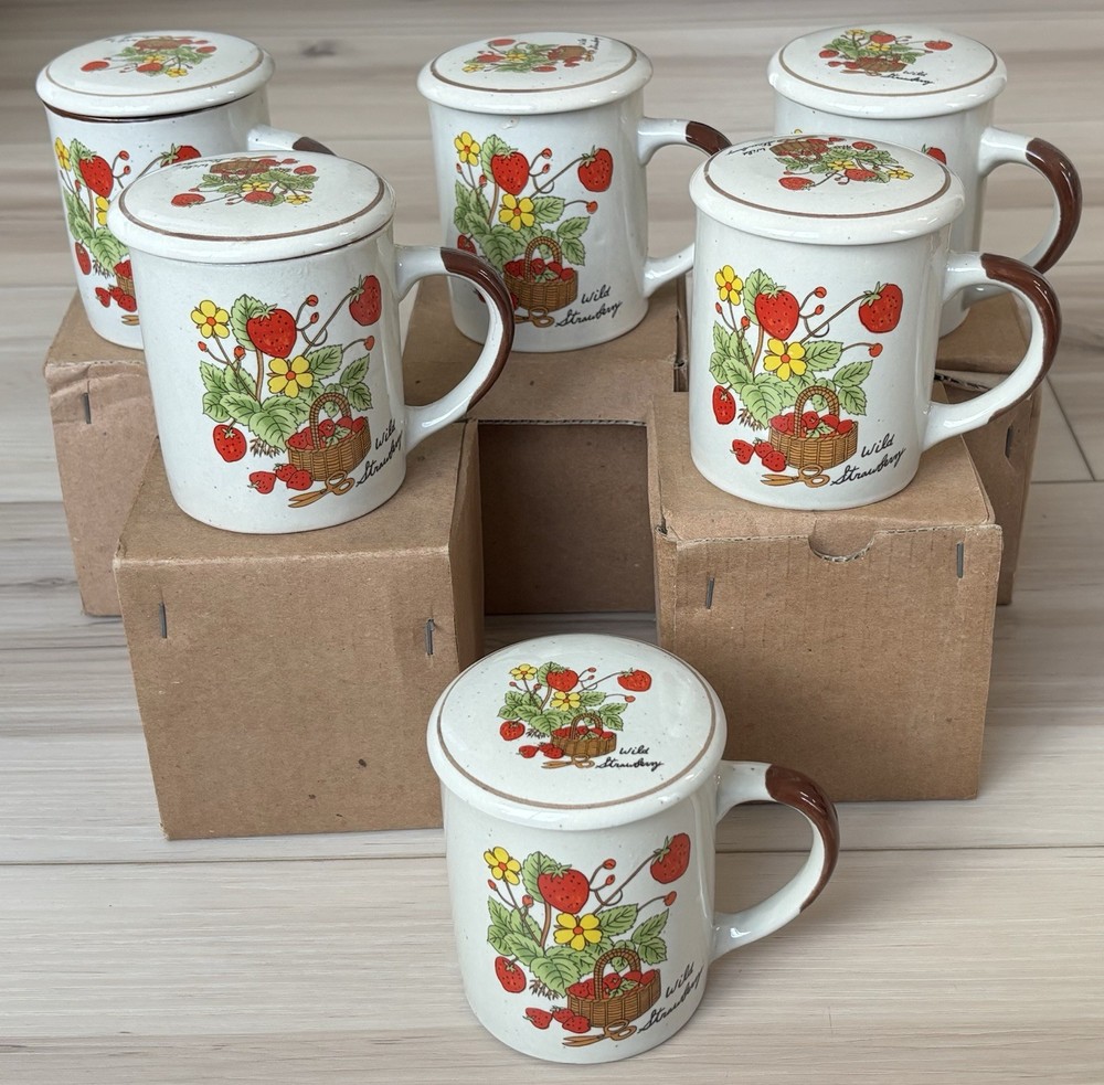 Vintage Wild Strawberry Lidded Mugs Set 6 Korea Ceramic Tea Coffee Cups w Lids