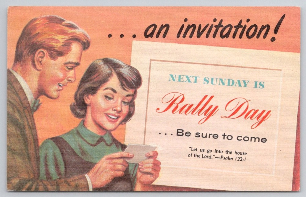 Vintage Rally Day Church Invitation Postcard Abingdon Litho USA