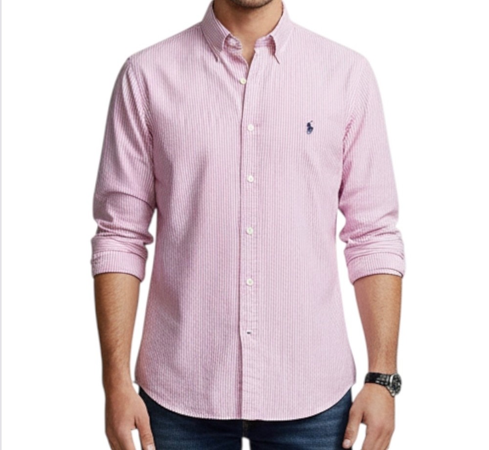POLO RALPH LAUREN Button-Up Oxford Shirt PINK/WHITE STRIPES Navy Pony Logo SZ L