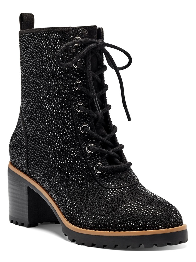 INC Womens Black Glitter Samira Round Toe Block Heel Lace-Up Booties 6 M