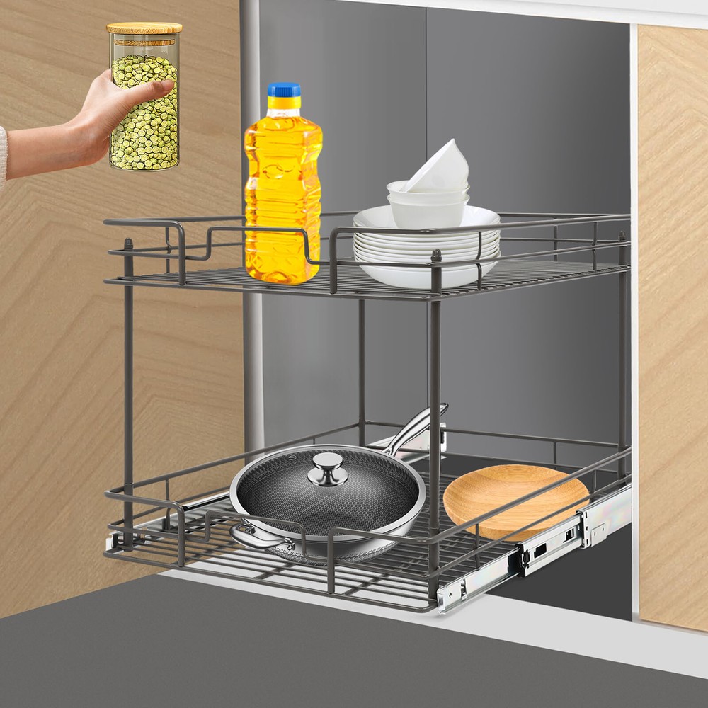 2-Tier Pull Out Cabinet Organizer Slide Out Shelf 16.5 Inches Wide