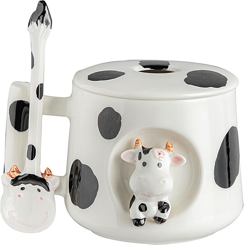 Adorable 3D Ceramic Cow Mug with Lid and Spoon - Perfect for Coffee, Tea, Milk,