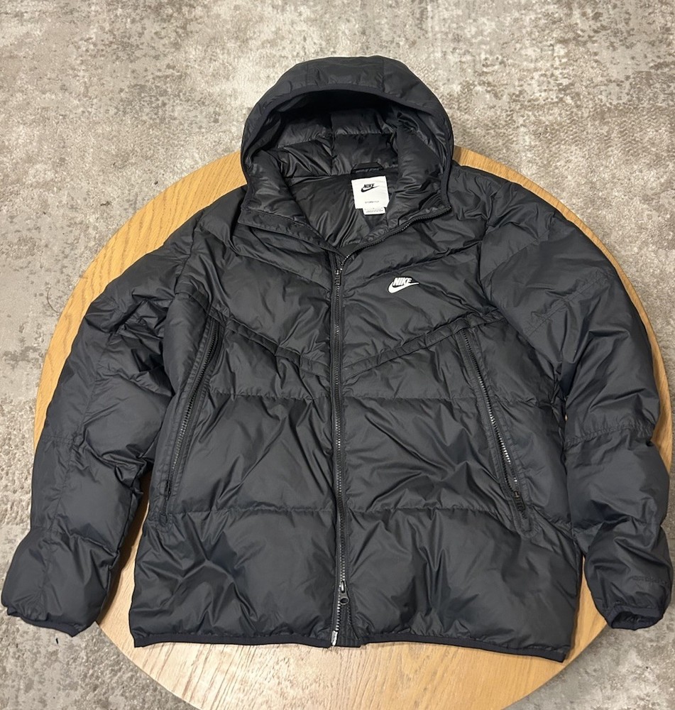 Nike Men's Black Hooded Full Zip Mid-Length Puffer Jacket Size L