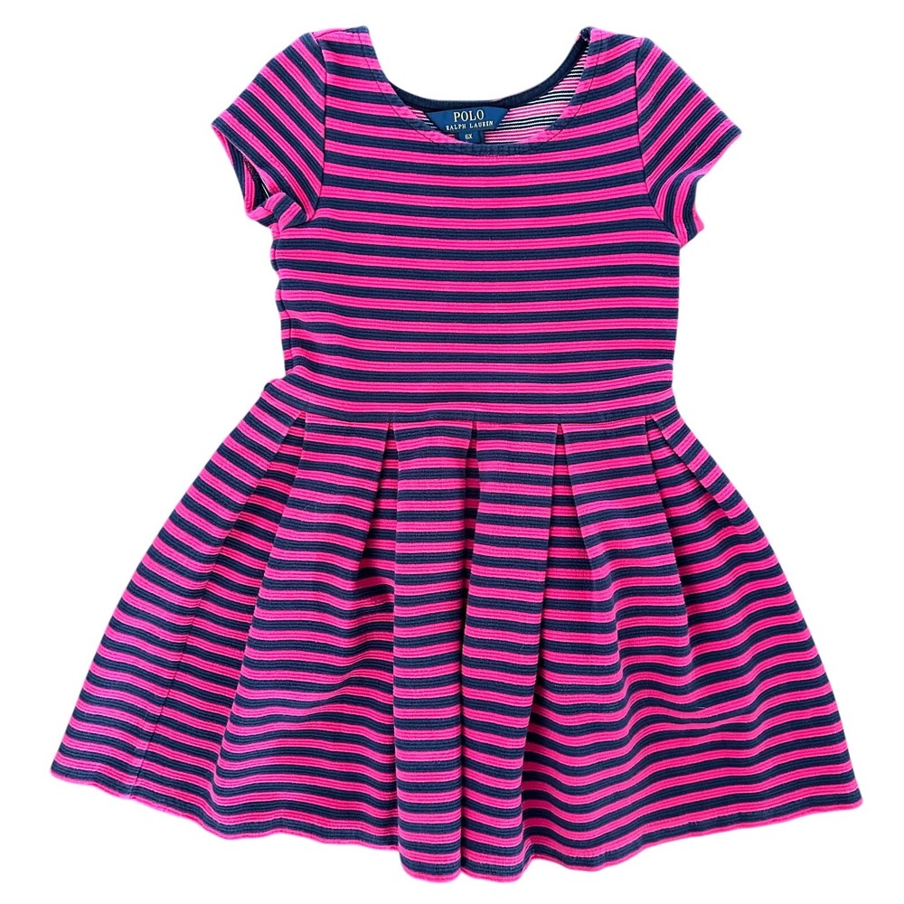 Polo Ralph Lauren Little Girls 6X Pink Blue Striped A-Line Dress Short Sleeve