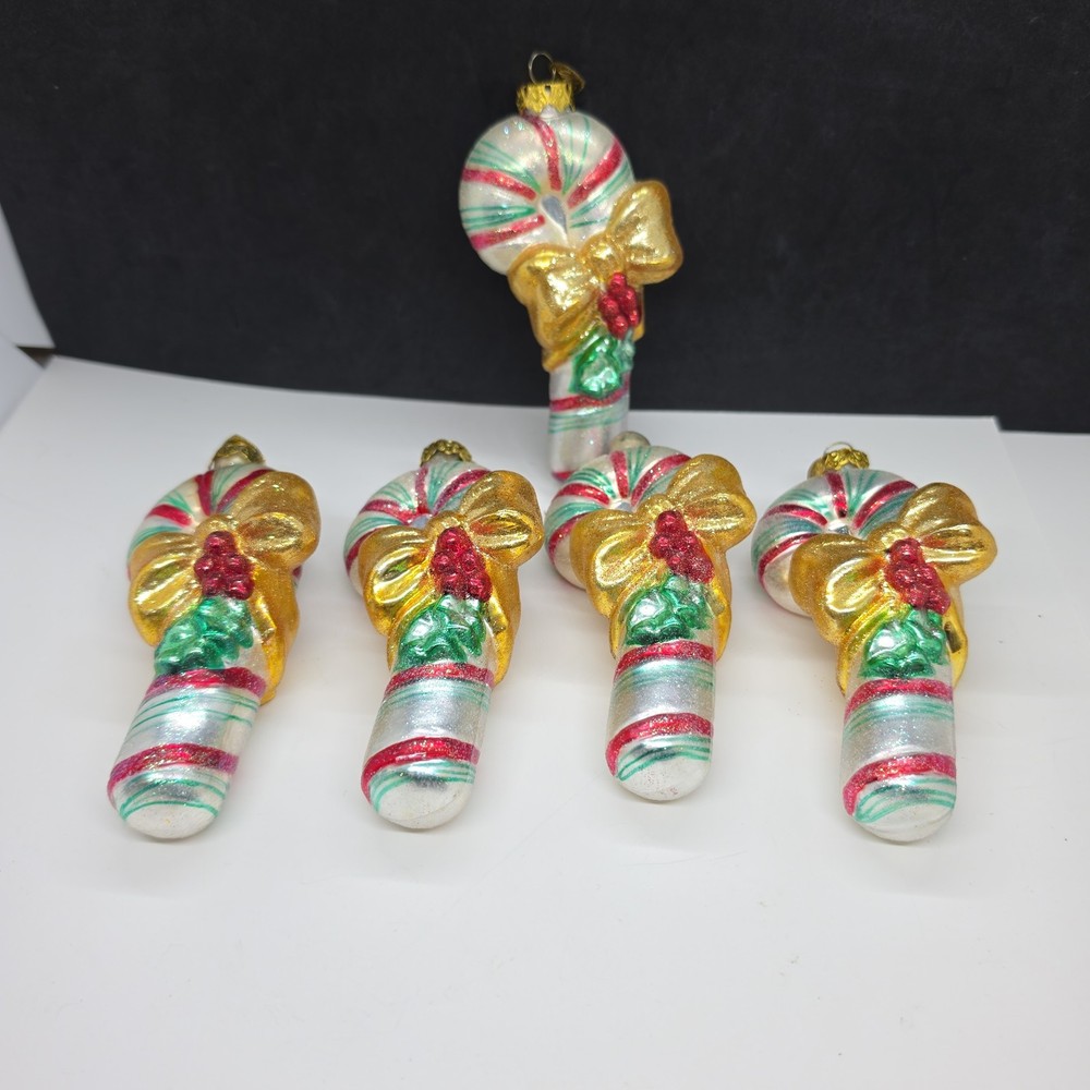 Set Of 5 Old World Candy Cane Yellow Bow Glass  Blown Ornaments