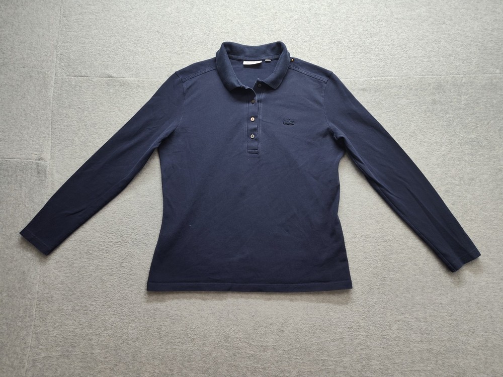 Lacoste Women Polo Shirt 44 Navy Blue Long Sleeve Logo Collared Slim Fit Casual