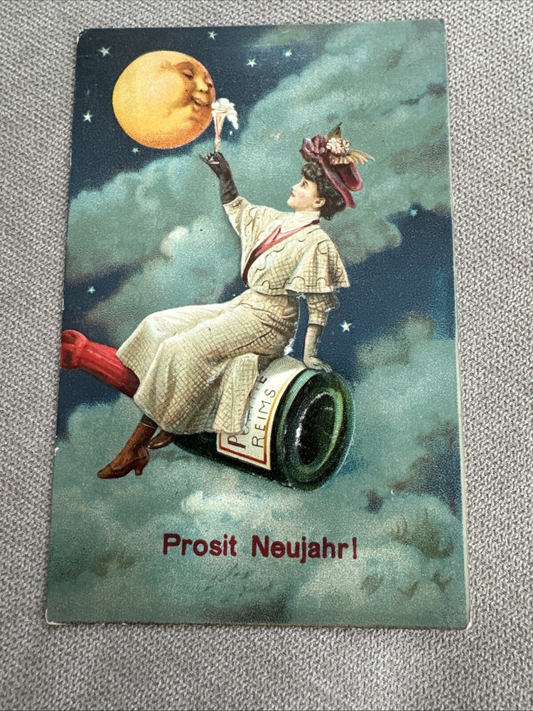 Prosit Neujahr!  New Year Postcard 1912. Embossed Woman And Moon With Champagne