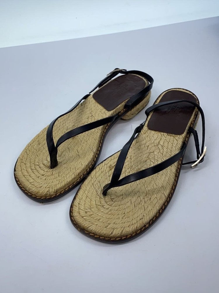 Authentic HERMES Black Leather Espadrille Sandals EU 35 Beige Pre-Owned
