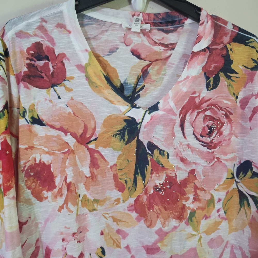 Concepts Women's 2XL Floral Long Sleeve Top V-Neck Embellished Rhinestone