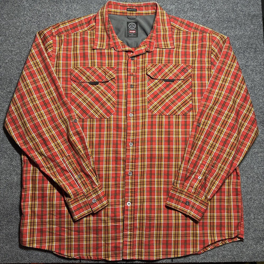 Wrangler ATG Shirt Mens XXL Regular Fit Flap Pocket Button Up Plaid Long Sleeve
