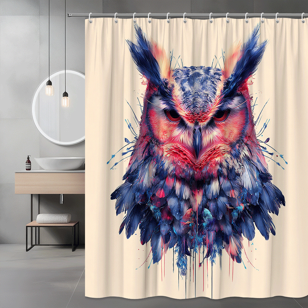 Owl Graphic Shower Curtain, Blue and Pink Bird Print