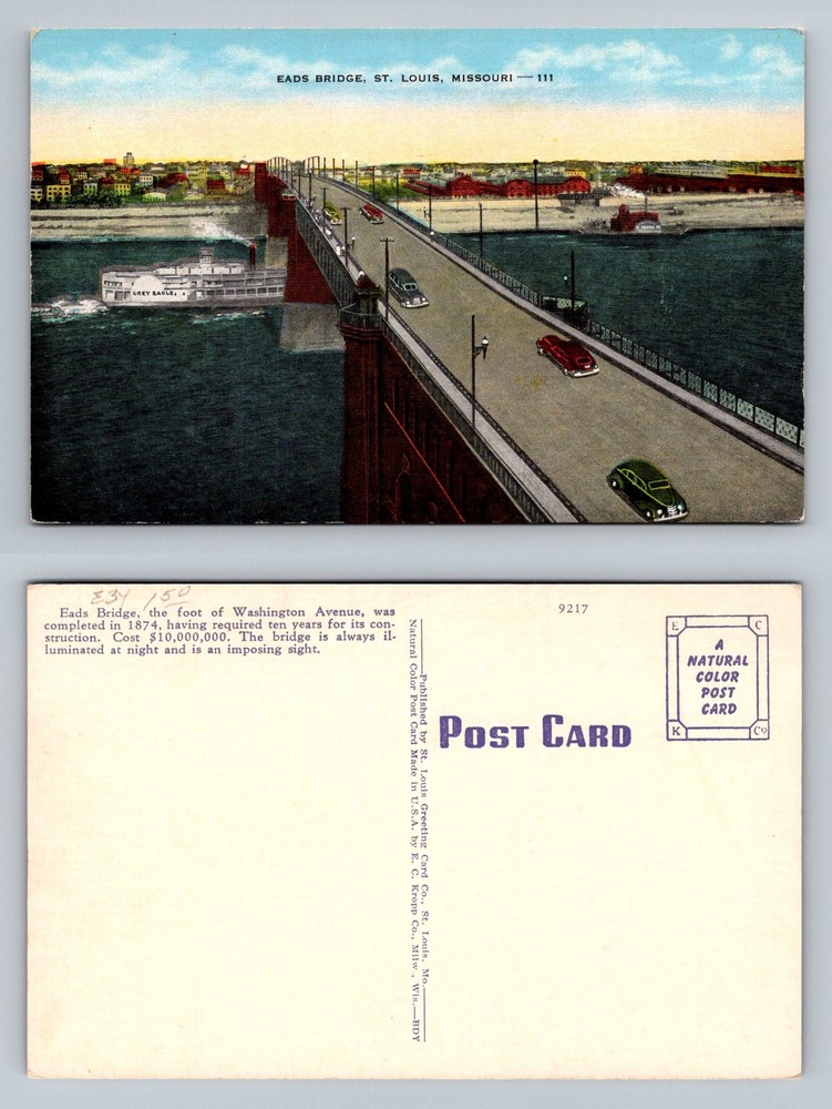 St Louis, MO-Missouri, Eads Bridge Mississippi River Steamer Vintage Postcard