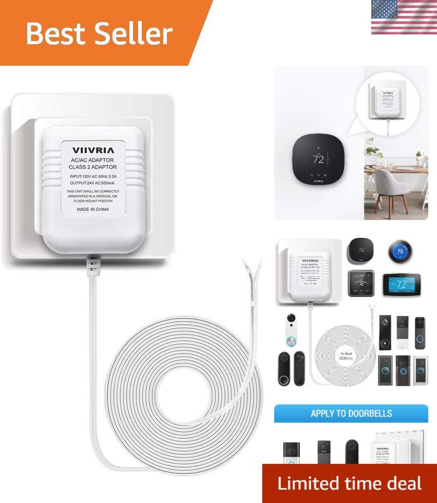 24V AC Transformer with C Wire Adapter for Ring and Smart Thermostats 8M Cable