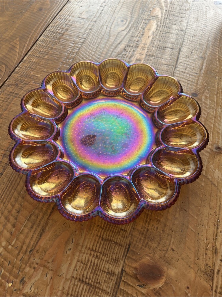 RARE Indiana Glass Hobnail Deviled Egg Plate - Carnival Amber iridescent