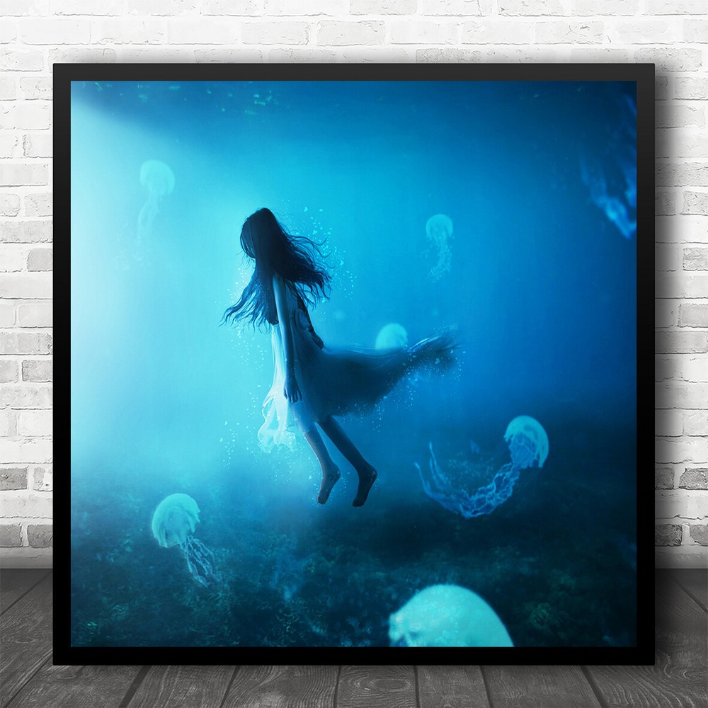 Conceptual Water Blue Love Jellyfish Ocean Sea Undersea Square Wall Art Print