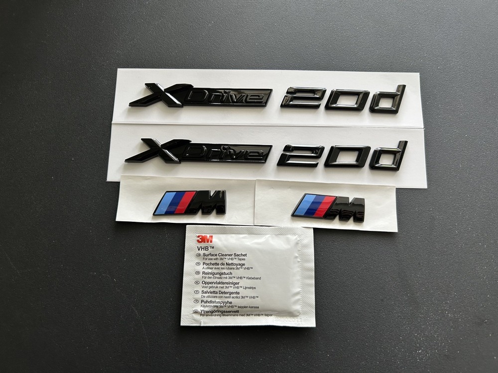 2X BMW Xdrive 20d + 2X M WING BADGES IN GLOSS BLACK. FREE ALCOHOL WIPE