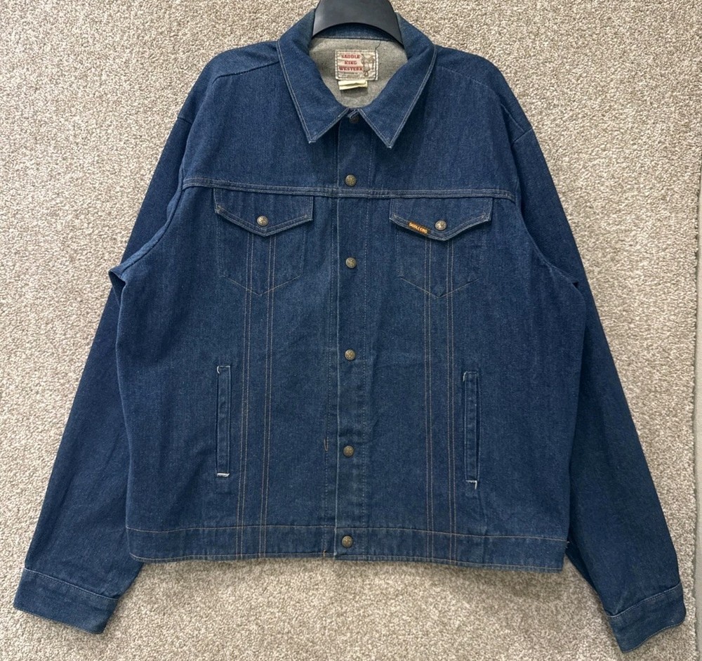 Vintage Saddle King Denim Jacket Mens 52 Tall Blue Big Western Jean Trucker USA