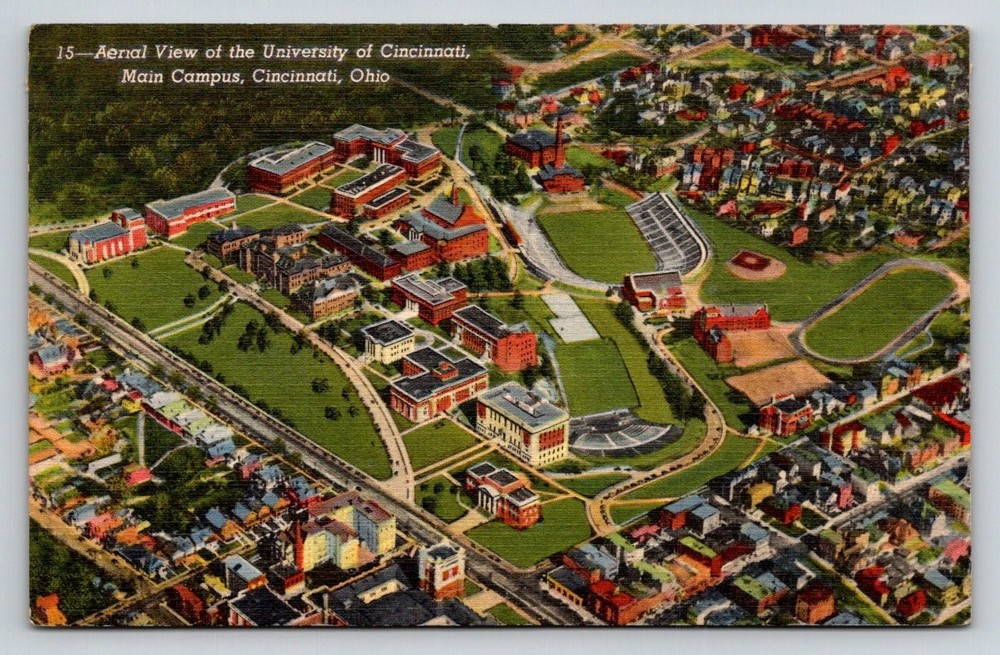Vintage University of Cincinnati Aerial View Linen Postcard 1940 Posted