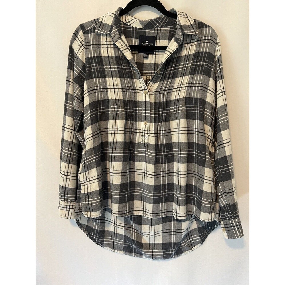 American Eagle Flannel Womens Small Plaid Oversized Fit Gray White Pintucked