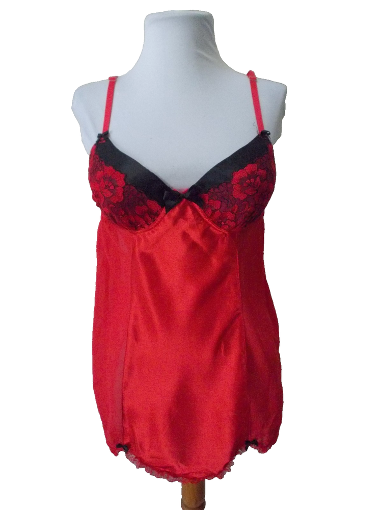 SEDUCTIVEWEAR Red Satin Black Lace Trim Babydoll SEXY Sz L