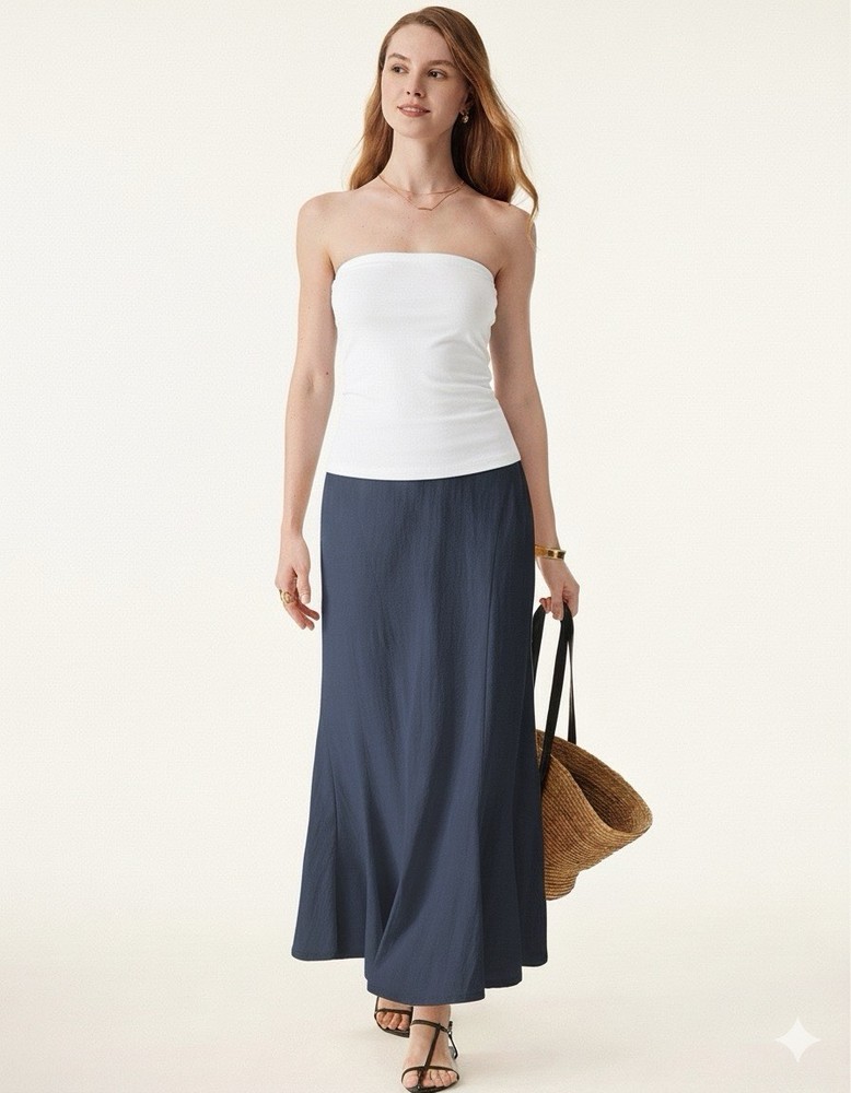 OGL Wrinkle-resistant Cotton-linen Pull-on Long Skirt Smoky Navy Size XS NWT