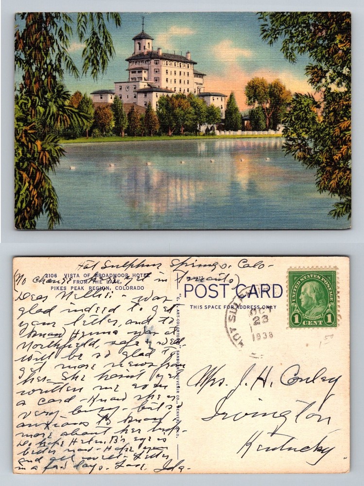 Colorado Springs, CO-Colorado, Broadmoor Hotel Lake View Vintage c1938 Postcard