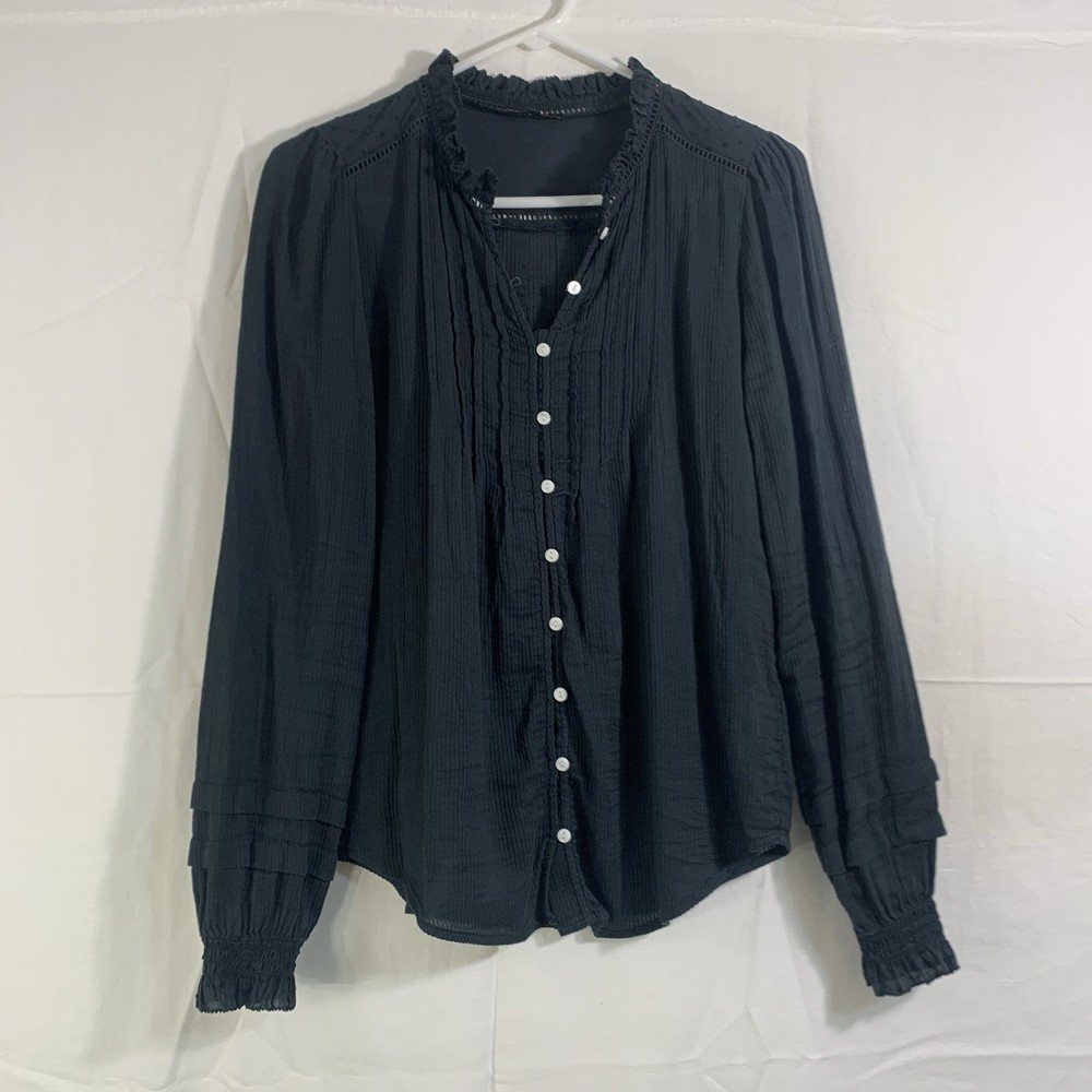 Quince Organic Textured Cotton Peasant Blouse Black Long Sleeved Top Med Women’s