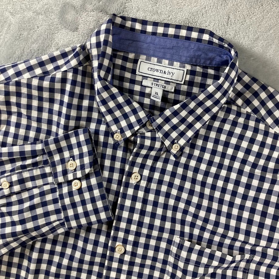 Crown & Ivy Button Up Shirt Men's XL Blue Gingham Check Classic Fit Long Sleeve
