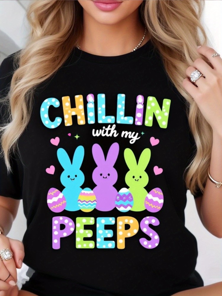 Women Easter Bunny Graphic T-Shirt Funny Spring Holiday Casual Crew Neck Tee
