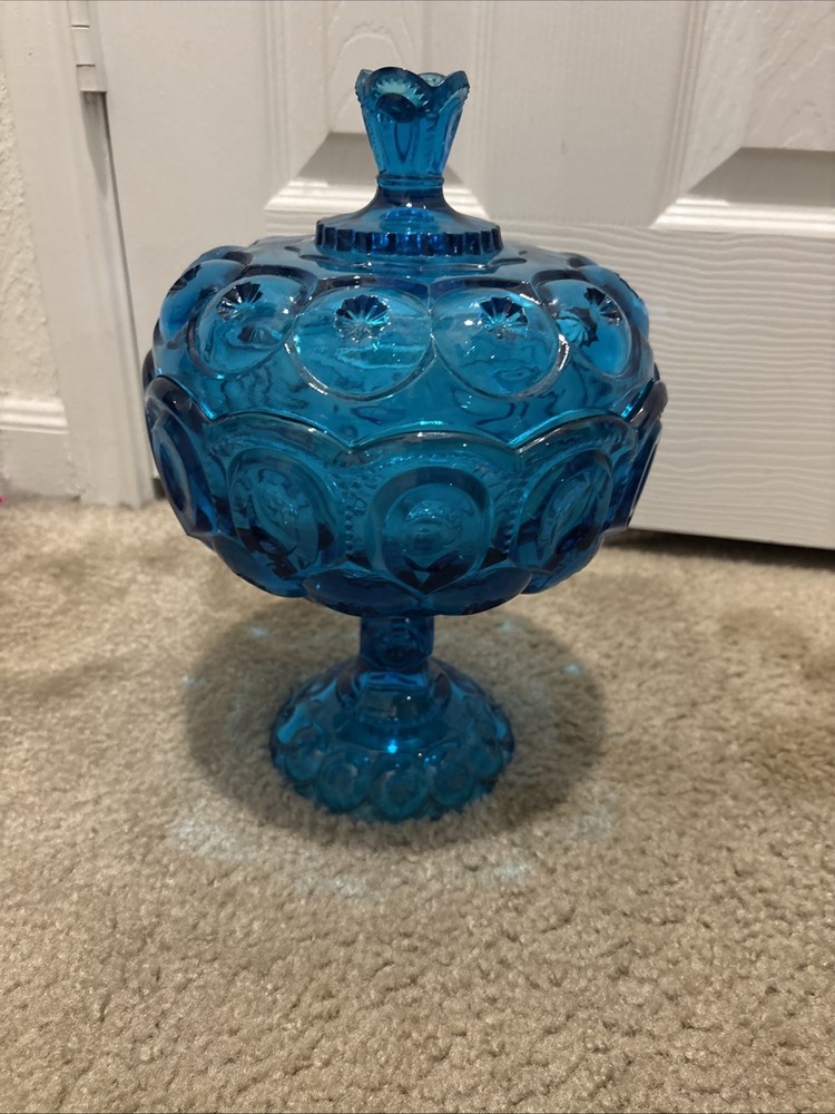 Vintage Mid Century LE Smith Moon and Stars Blue Glass Compote Candy Dish w/Lid