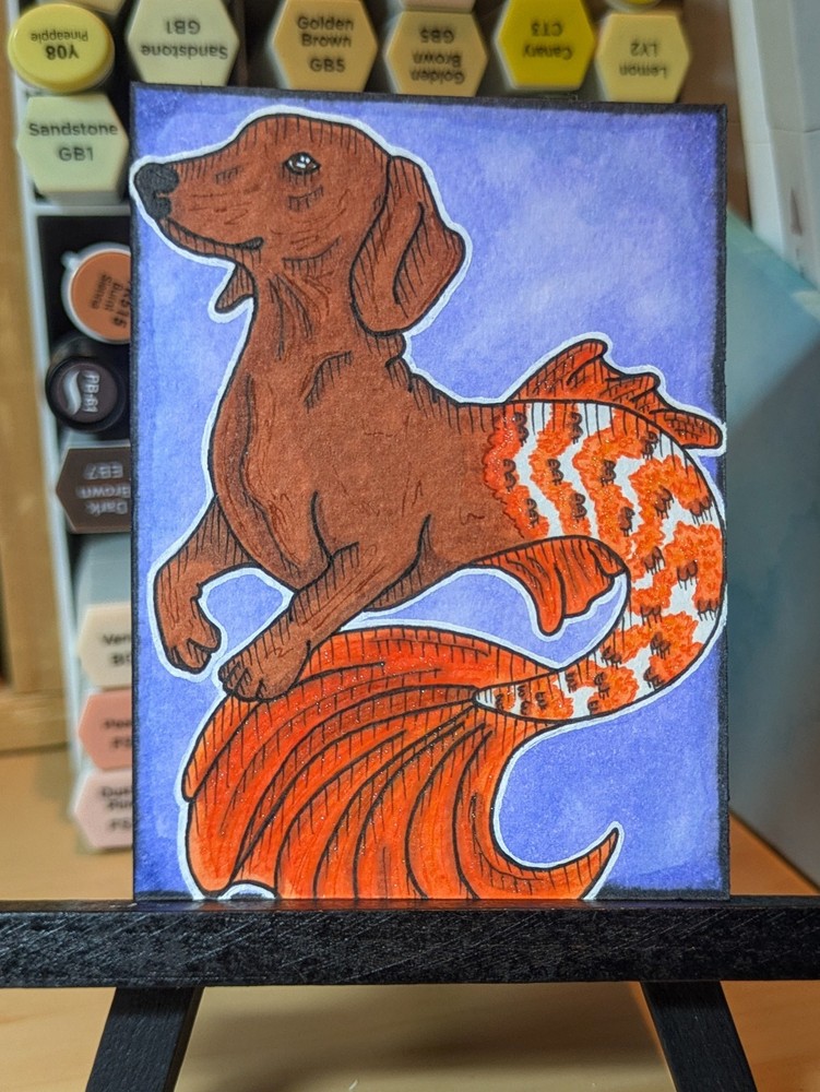 ACEO Original Art Card - Mermaid Dachshund Merdog Orange - 2.5in x 3.5in