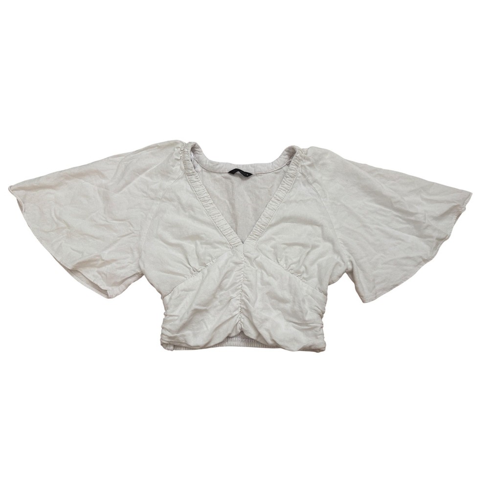 Zara Womens White Linen Blend Flutter Sleeve Ruched V-Neck Crop Top Small Boho