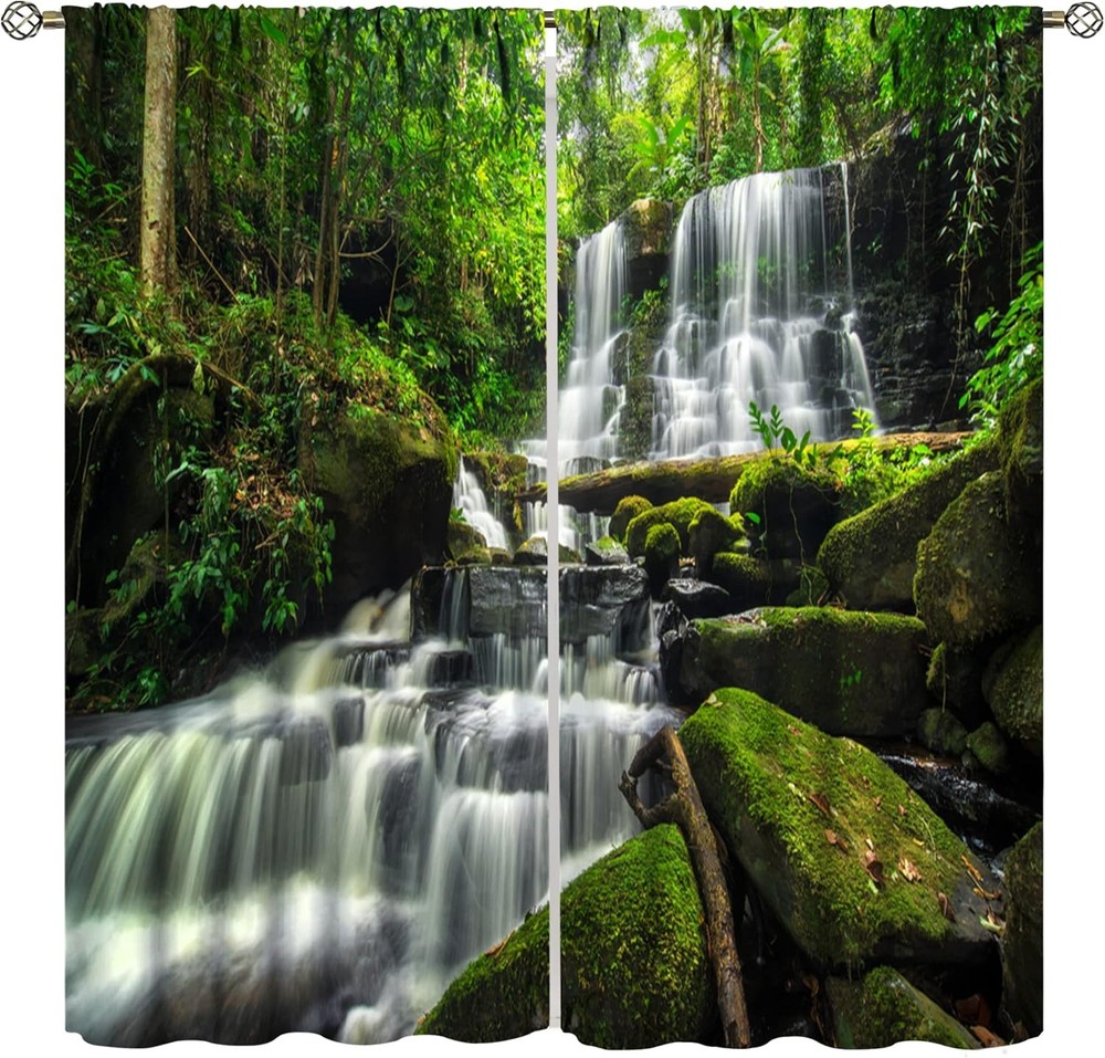 Waterfall Curtains, Spring Nature Theme Landscape Pattern in Forest, Blackout T