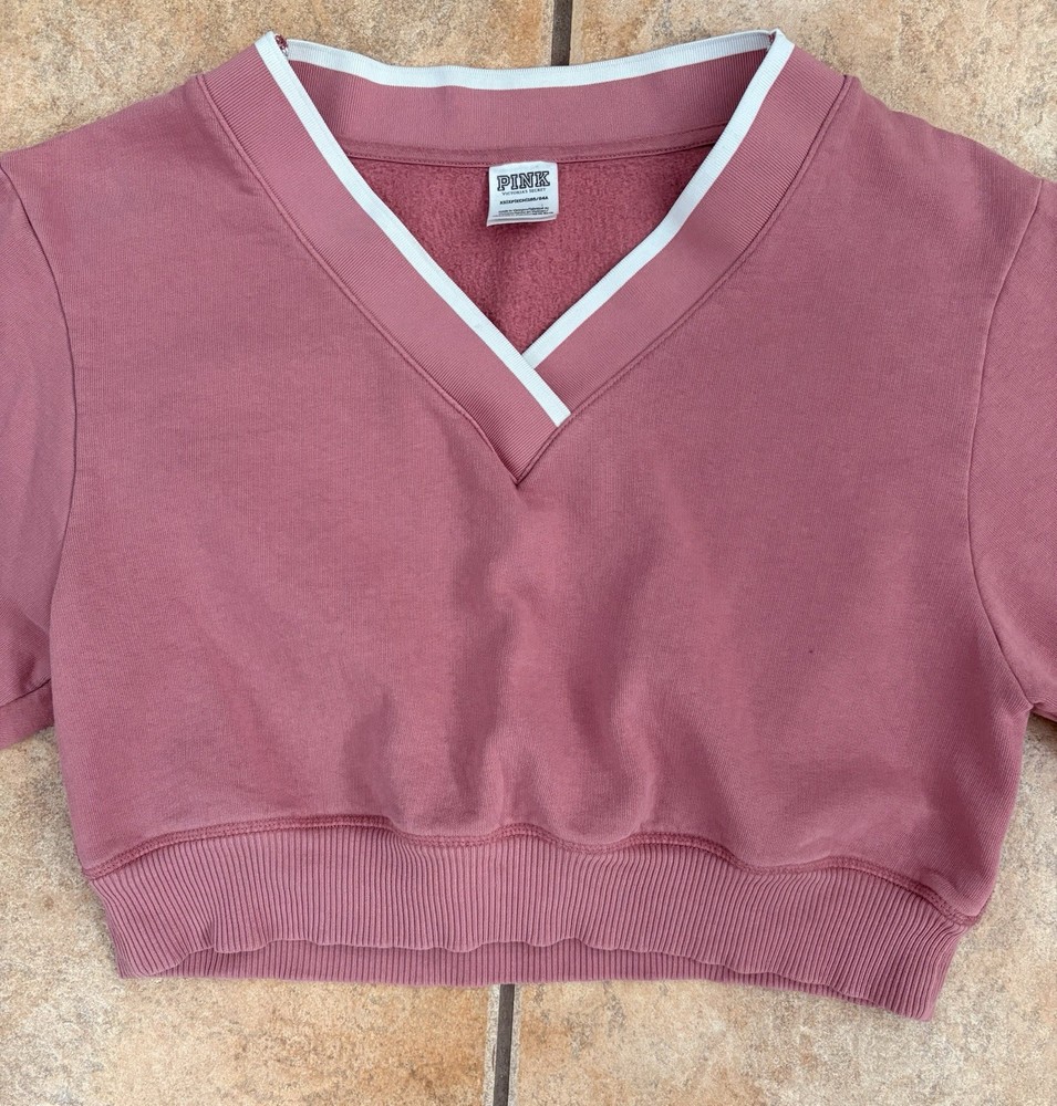 PINK Victoria’s Secret Cropped V-Neck Sweatshirt Rose Mauve XS Long Sleeve