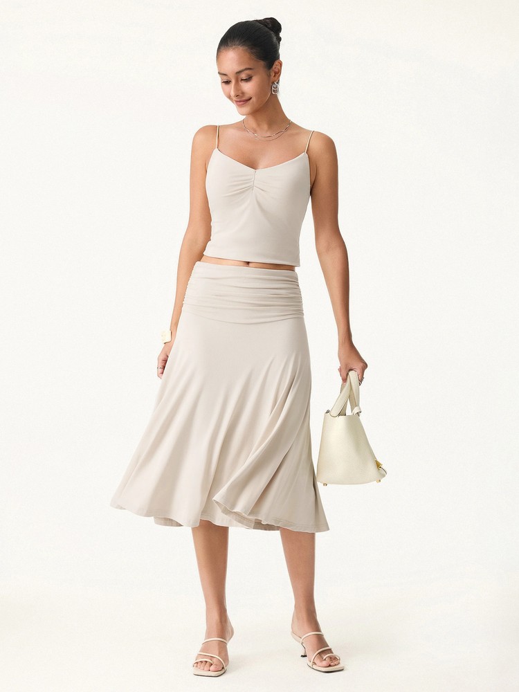 Clearance OGL Flowy Side Ruched A-line Midi Skirt