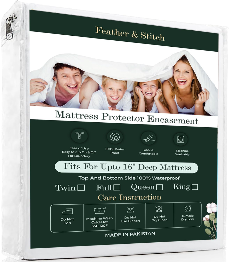 Feather & Stitch Premium Mattress Protector, Bedding Zippered Mattress Encasemen