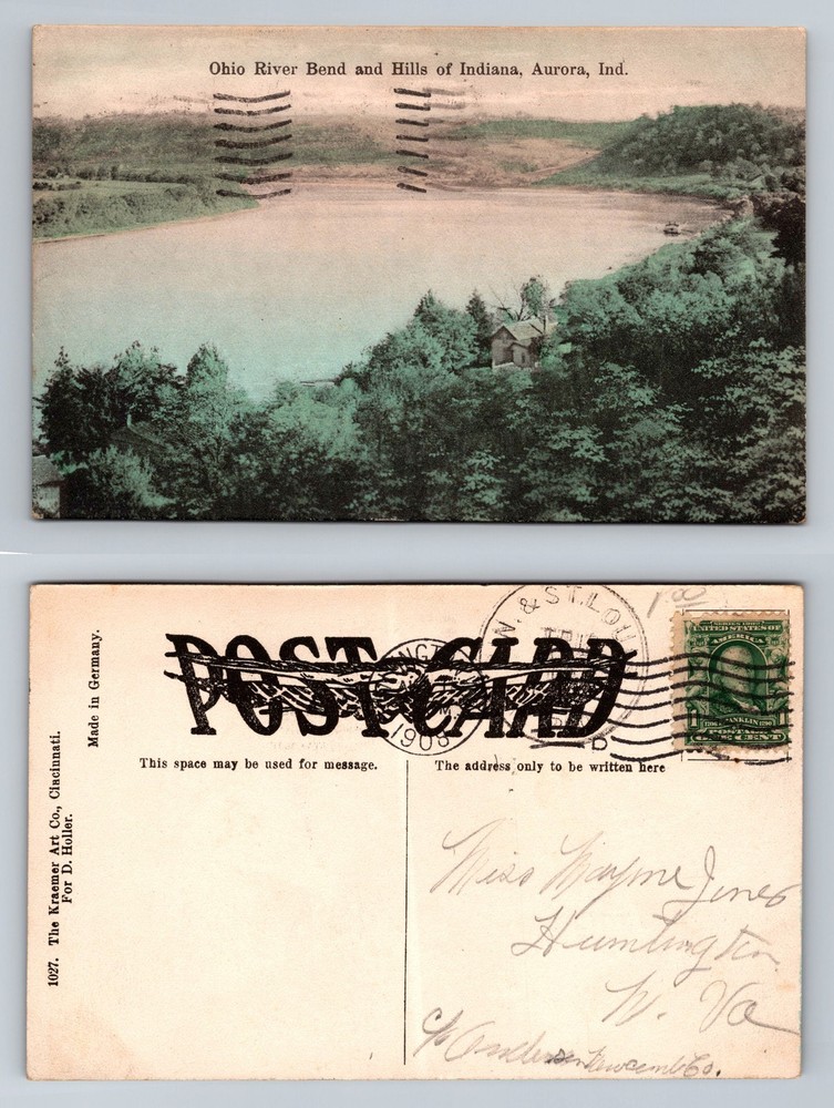 Aurora, IN-Indiana, Ohio River Bend Hillside View Vintage c1908 Postcard