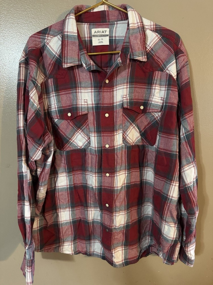 Ariat Flannel Shirt Mens Red Plaid Retro Fit Pearl Snap Casual Outdoors Hike XL