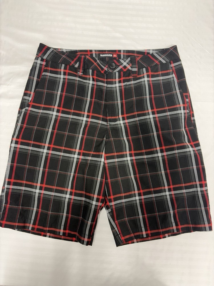 Quicksilver Bermuda Shorts Mens 33 Skateboard Black Red Gray Plaid Pockets Nice