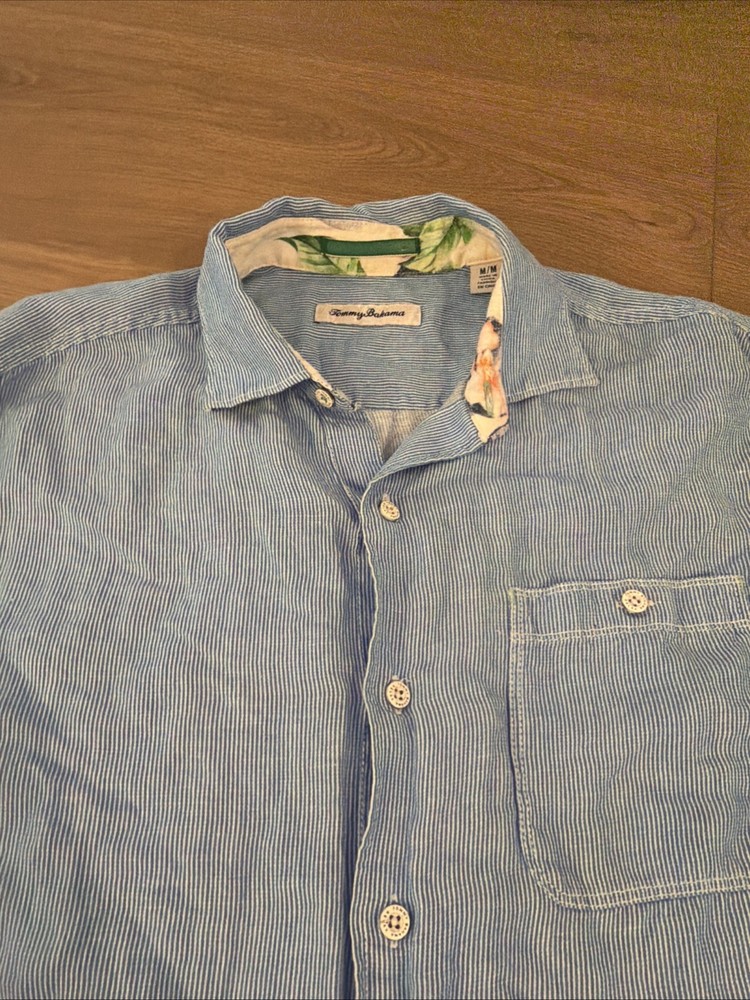 Tommy Bahama Linen/tencel Blend Long Sleev Button Up Short Blue White Stripe Med