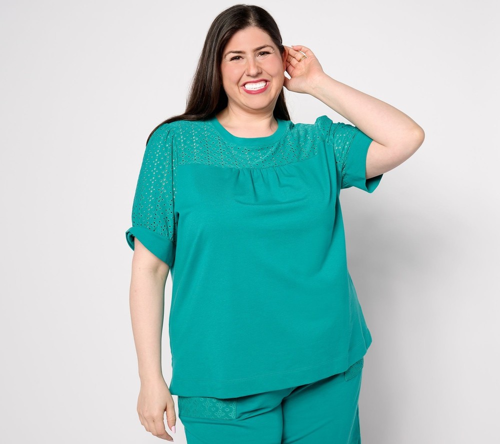 Sport Savvy Women's Top Sz S Elbow-Sleeve Eyelet Pullover Green A644991