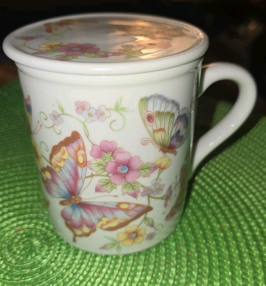 VTG THE TOSCANY COLLECTION JAPAN Coffee Mug Cup With Lid butterflies🦋