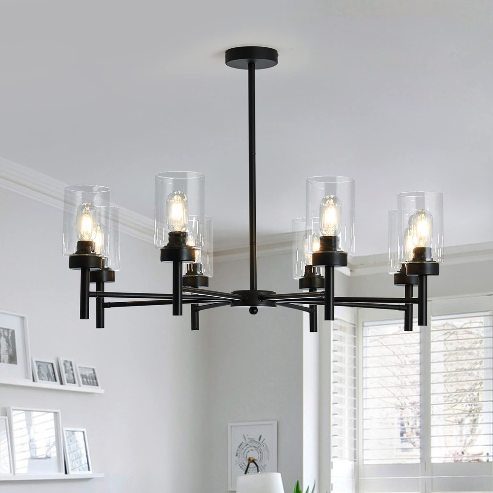 Black Modern 8-Light Chandelier with Clear Glass and Metal Ceiling Fixture