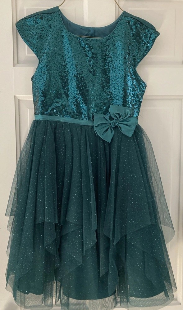 Girls Dark emerald Green Dress Sz 10   Dress With GLITTER, Sequins & Tulle EUC