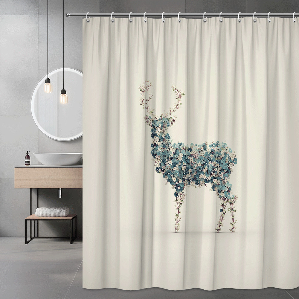 Floral Deer Shower Curtain Blue White Animal Print