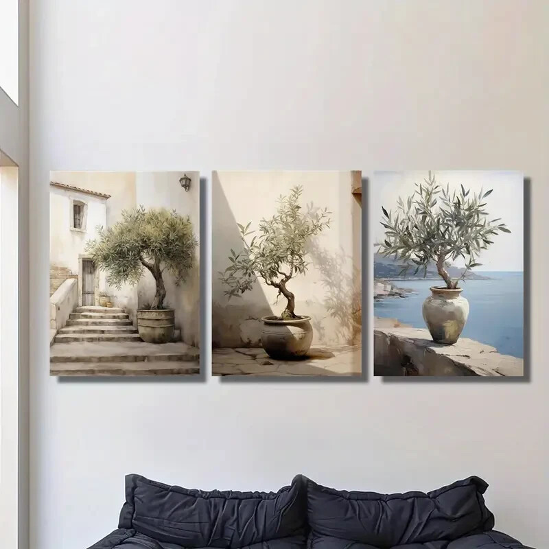 3pcs Tuscany beach olive tree metal print wall art ready to hang