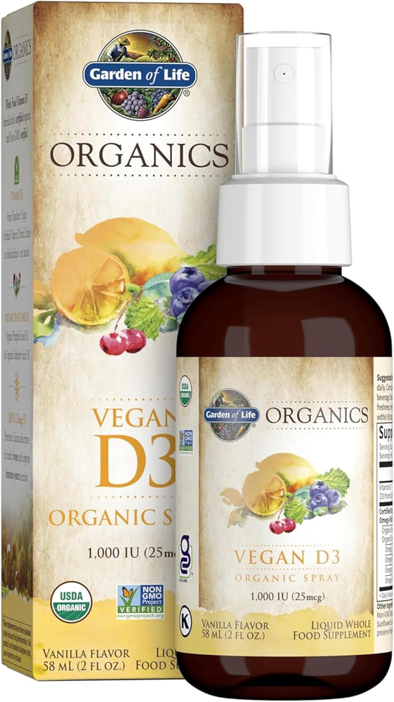 Organics Vegan Vitamin D3 for Women and Men, Liquid 1000 IU per Spray, D3 plus O