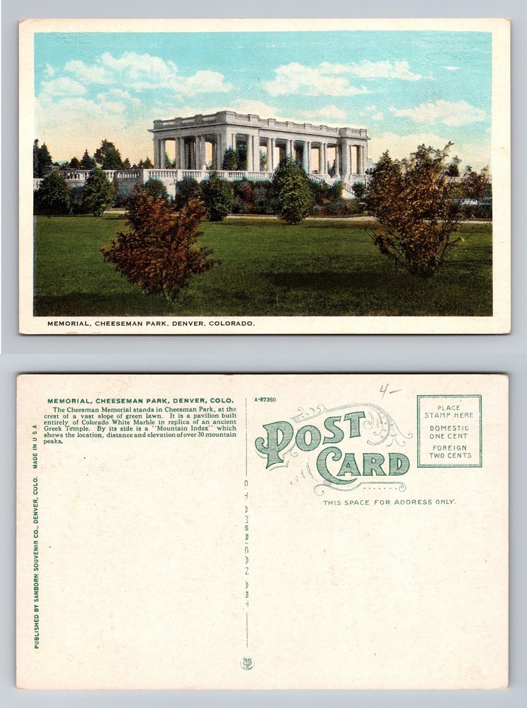 Denver, CO-Colorado, Cheesman Park Memorial Pavilion Lawn View Vintage Postcard